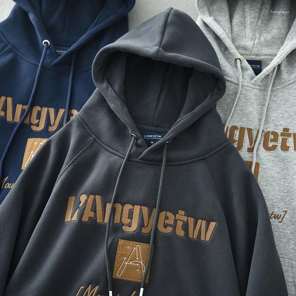 Erkek Hoodies Sonbahar Kış Kışlı Amerikan Retro Kalın Velvet Kapüşonlu Mektup Nakış Sweatershirts Moda Gevşek Kırış