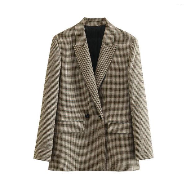 Ternos femininos 2023 design moda duplo breasted tweed check blazer casaco clássico xadrez manga longa feminino outerwear