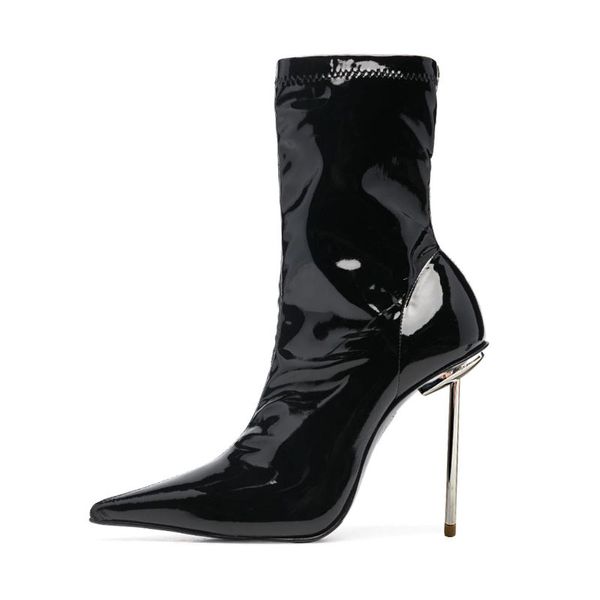 Siyah sivri ayak parmağı sonbahar ayak bileği botları kadınların katı patent süper ince yüksek topuk moda show partisi özel stiletto ayakkabıları