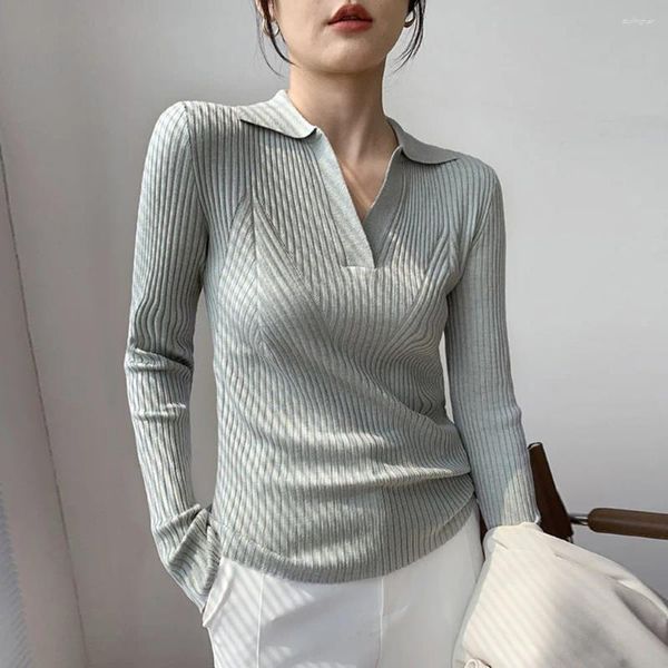 Damenpullover Koreanischer dünner Pullover für Frauen Umlegekragen Langarm schwarzer Pullover 2023 Herbst Winterkleidung Jumper Strickoberteile