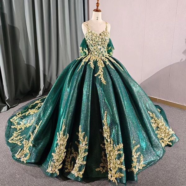 Verde smeraldo lucido con perline oro applique in pizzo abito da ballo in tulle abito Quinceanera abiti da cocktail abiti da 15 abito da ballo Baile