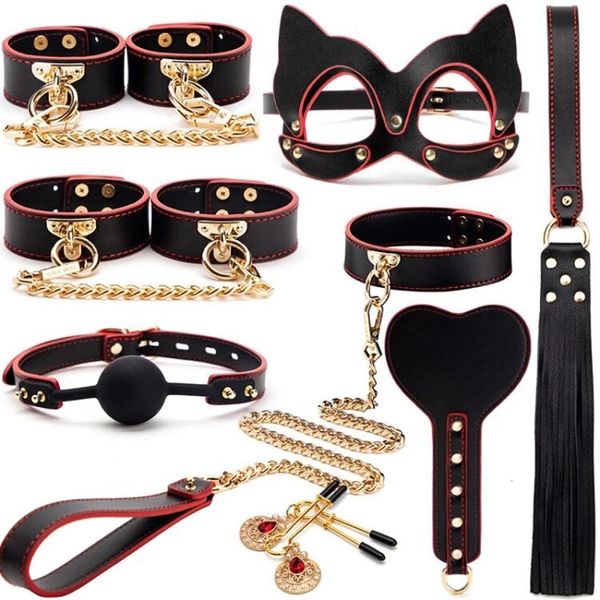 Bondage de alta qualidade BDSM Genuíno Couro Bondage Set Fetish Algemas Collar Gag Chicote Erótico Brinquedos Sexuais Para Mulheres Casais Adultos Jogos 231027