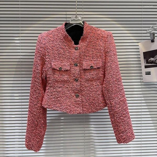 Jaquetas femininas prepomp 2023 outono chegada manga longa botões de metal tweed gola rosa rosa jaqueta curta feminina gl561