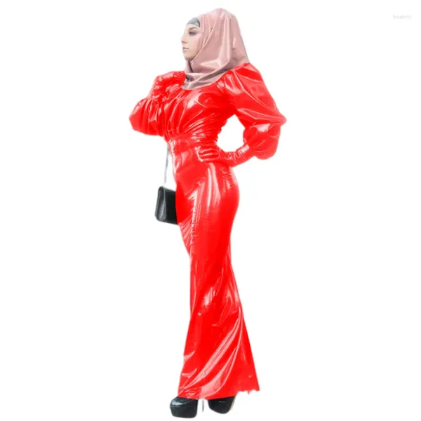 Arbeitskleider für Damen, glänzendes PVC-Fetisch-Modekleid, sexy lange Puffärmel, Latex-Leder, Tanzclub-Kostüm, elegant, figurbetont