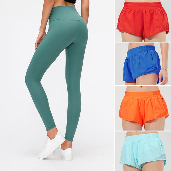 Designer lululemense Pantaloncini sportivi da donna Leggings da yoga a vita alta Pantaloni Tinta unita Slim Fit Pantaloncini da corsa da donna No T-Line Elastico stretto lu Yoga