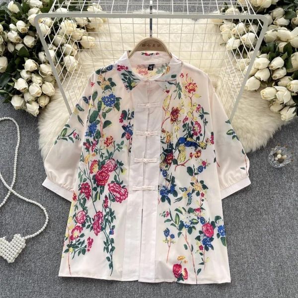 Blusas femininas francês chique camisas para mulher floral impressão sapo manga longa sopro solto blusa outono vintage versátil feminino topos gota