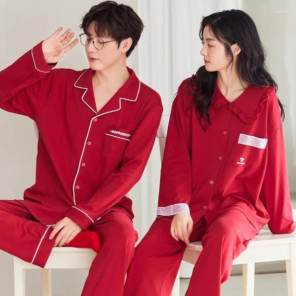 Мужская одежда для сна, красный пижамный комплект, хлопковая домашняя одежда для пар, осенний женский кардиган, корейские пижамы, пижамы Para Parejas Lover Pjs