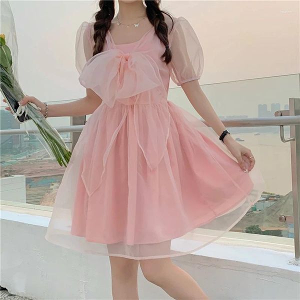 Vestidos de festa verão estilo japonês gola quadrada gaze mini vestido kawaii arco bonito puff manga doce rosa princesa para feminino