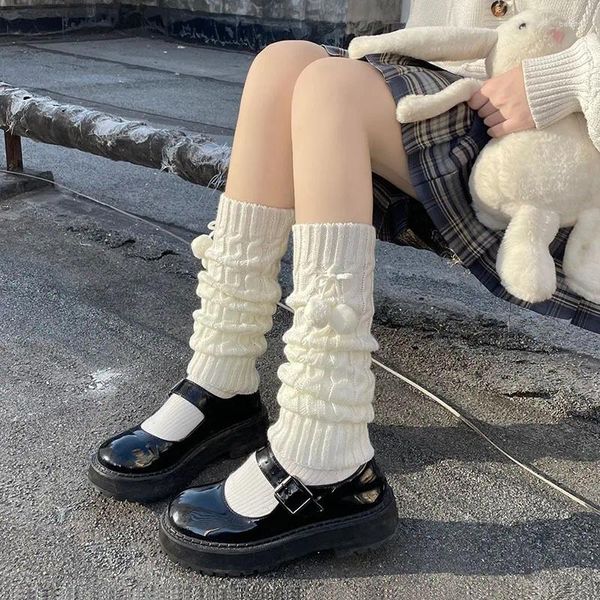 Meias femininas estilo japonês inverno quente lolita perna malha lã bola pé cobre aquecedores com bolas para