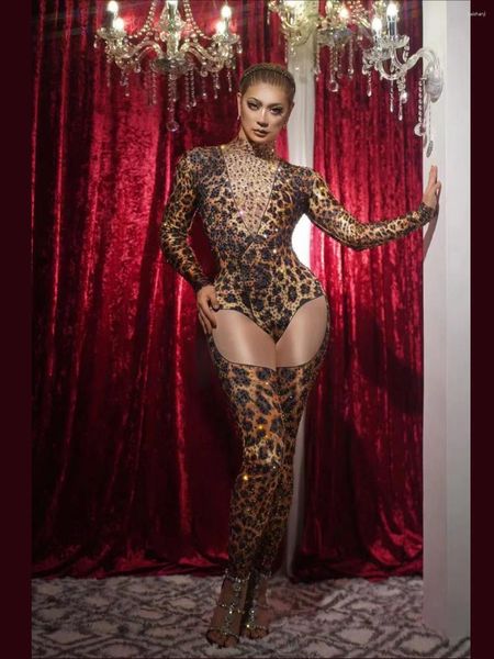 Stage Wear Maniche lunghe Leopardo Brillante Strass Tute sexy per le donne Discoteca DJ Abbigliamento Polo Prom Indossa costumi di carnevale