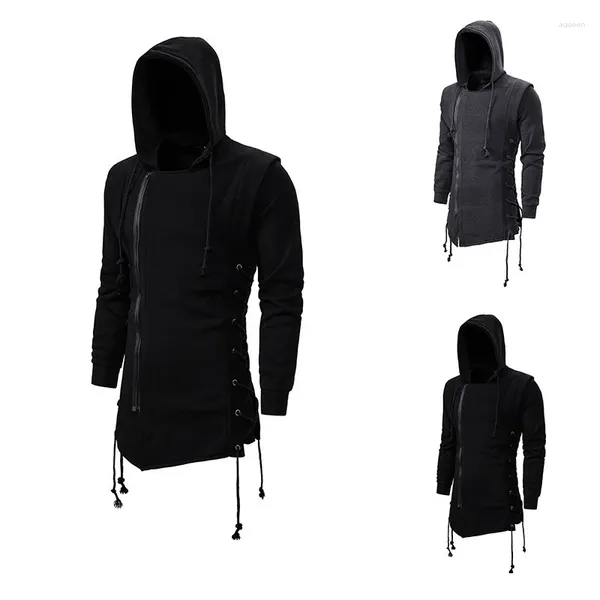 Hoodies masculinos 2023 primavera e outono com capuz solto suéter oblíquo zíper cor sólida casaco de moda