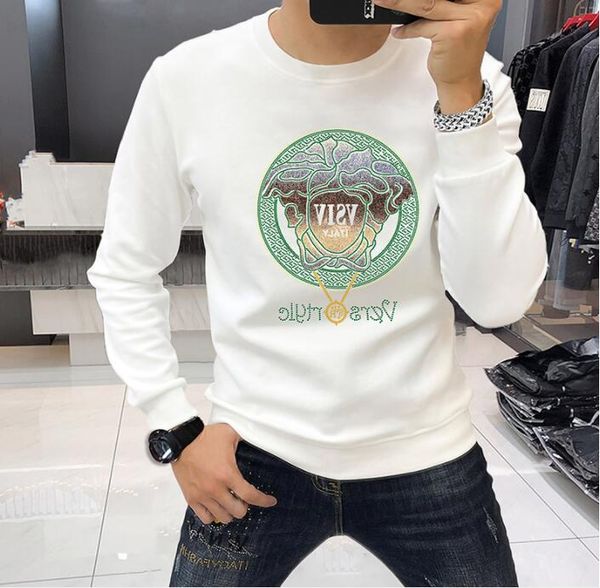 Nova primavera inverno masculino manga comprida veludo hoodies suéteres camisetas masculinas meninos quente diamante bing estilo moda homem marca top velo branco letras impressas com capuz