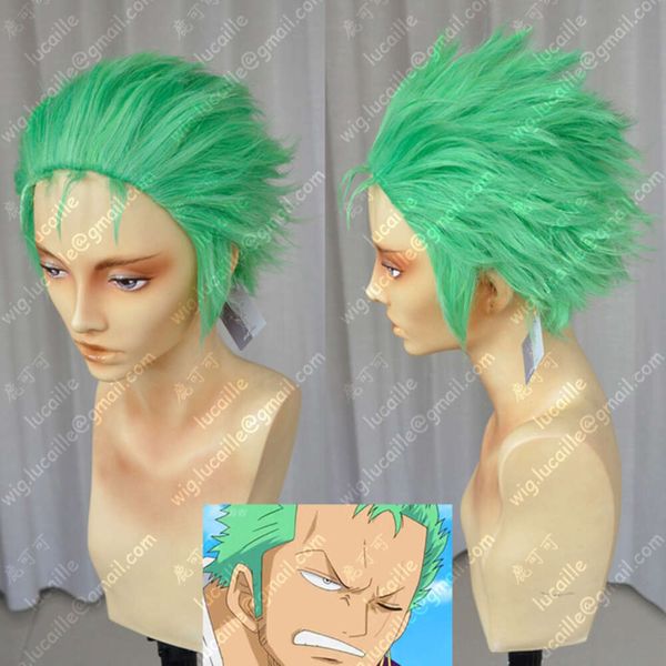 Trajes de Catsuit Janpanese Anime Slicked-Back Peruca Verde Curta Camada Roronoa Zoro Comic Cosplay Cabelo Perucas Sintéticas Resistentes ao Calor + Boné de Peruca Grátis