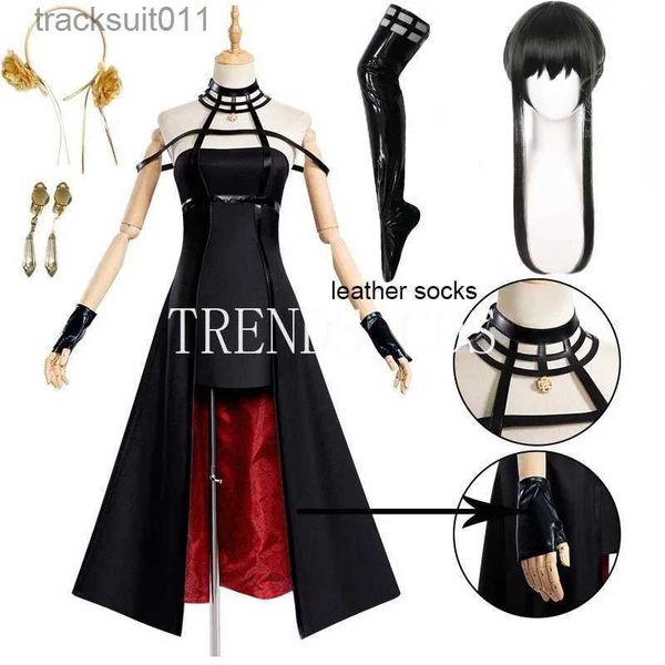 Fantasia de anime Yor Forger Cosplay vem com bandana elástica coxa meias meia-calça alta peruca brincos Yor Forger vestido conjunto completo para Comic Con L231027