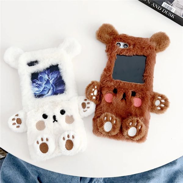 Capas de telefone celular Cute Bear Soft Plush Phone Case adequada para Samsung Galaxy Z Flip 5 4 3 Plush Phone Case adequada para Z Flip4 Flip5 Flip3 5G Capa protetora 231026