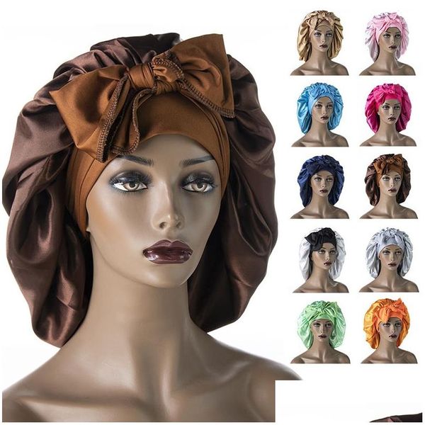 Accessori per capelli Donna Raso Notte Berretto da notte Cofano grande Cappello a coda lunga Testa di seta Er Ampia fascia elastica Con tesa larga Berretto da notte Avvolgente Ch Dh9D4