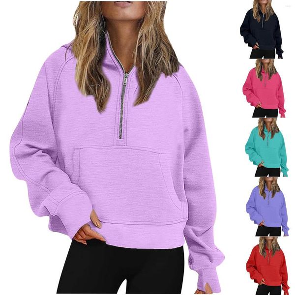 Ginásio roupas suéteres 2023 outono inverno feminino esportes meio zip yoga solto curto com capuz acolchoado camisa camisola