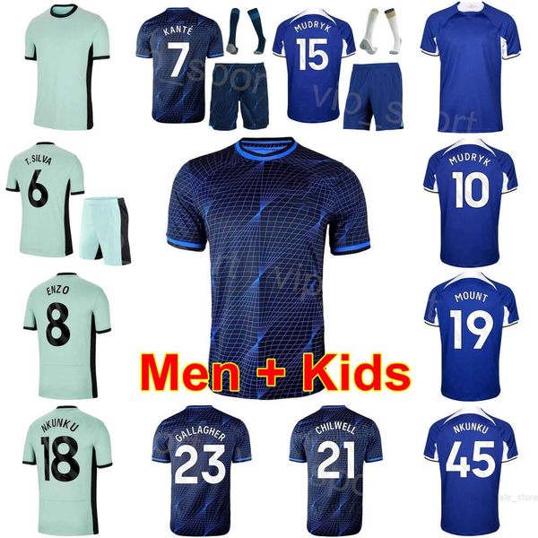 Club Kids Man Soccer 27 Malo Gusto Maglie 25 Moises Caicedo 16 Lesley Ugochukwu 6 Thiago Silva 7 Raheem Sterling 1 Robert Sanchez Maglia da calcio Kit 23-24 QieErXi