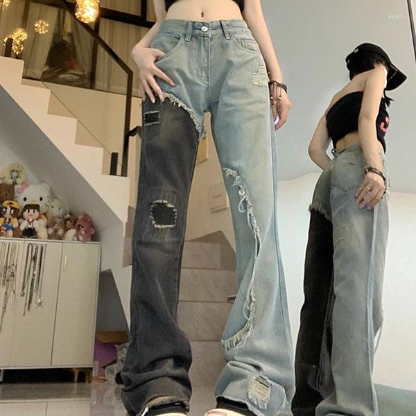 Damen-Jeans, modisch, Kontrastfarbe, Patchwork, abgenutzt, trendiges Nischen-Design, gerade, Micro-Ausgestellte Grate, Denim-Hosen 0B221