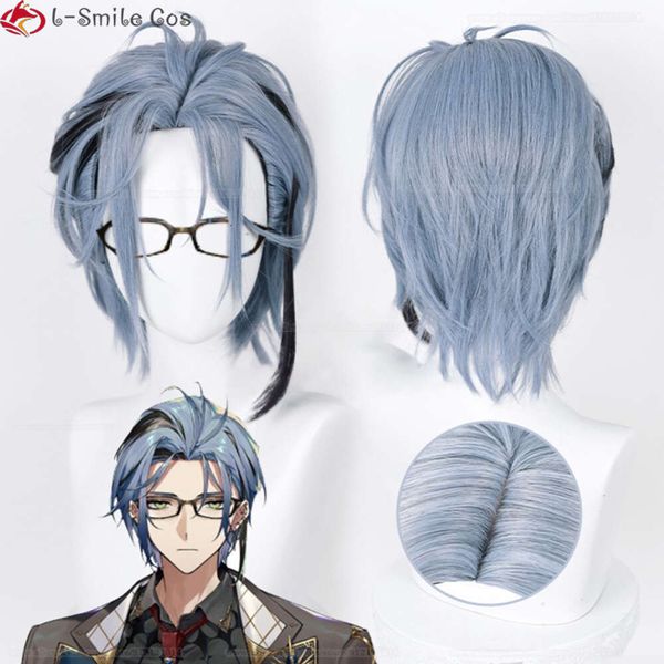 Trajes de Catsuit Vtuber Nijisanjien EN7 XSOLEIL Haywire Cosplay Hex Wigs 33cm Curto Azul Escuro Cinza Resistente ao Calor Cabelo + Peruca Cap