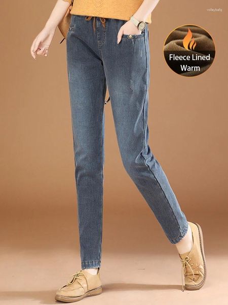 Jeans femininos HCXR Mulheres 2023 Inverno Elástico Cintura Sólida Denim Calça Retro Casual Chic Fleece Forrado Confortável Calças Quentes