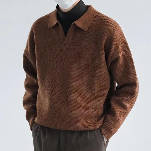 Maglioni da uomo moda manica lunga scollo a V maglione da uomo autunno inverno casual colletto con risvolto solido top pullover lavorato a maglia allentato coreano
