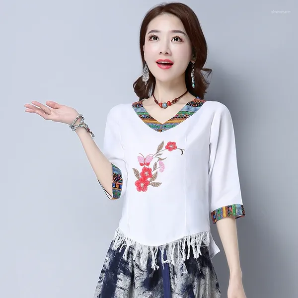 Damen T-Shirts 2023 Sommerkleid Folk-Stil Baumwolle und Leinen Vintage-Jacke Chinesische Stickerei besticktes 7-Ärmel-T-Shirt