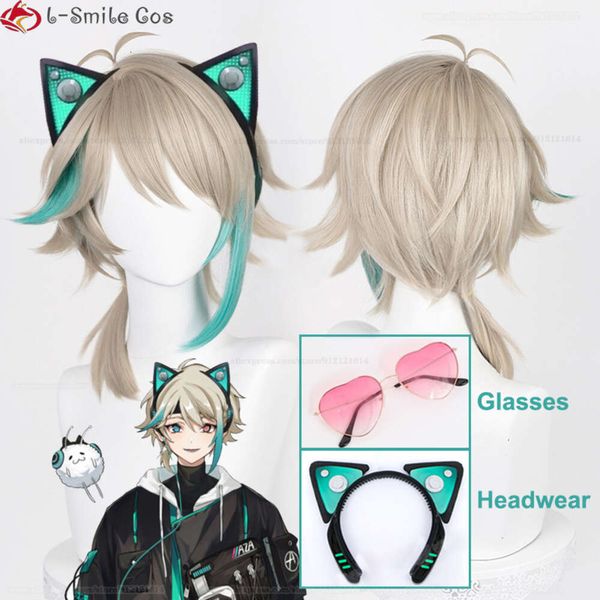 Costumi Catsuit Vtuber Virtuareal Aza Cosplay Copricapo Occhiali 33 cm Lino leggero Evidenzia ciano Parrucche per capelli resistenti al calore Puntelli + Protezione per parrucca