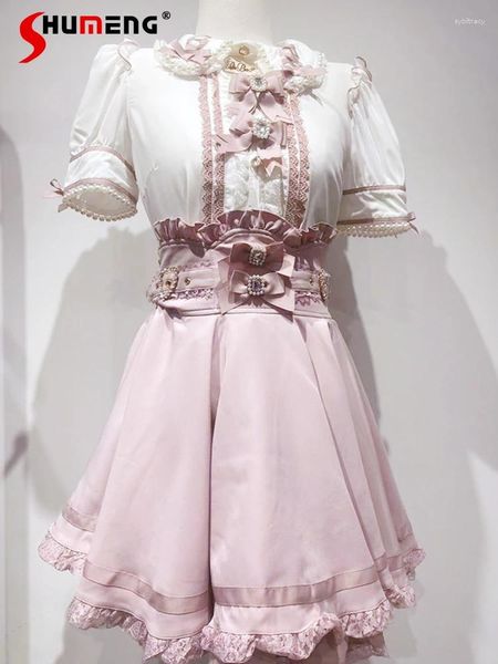 Damenblusen Hübsche Lolita-Bluse im japanischen Stil, massenproduzierte Oberteile mit Puffärmeln, weich, für Mädchen, Multi-Hohlkragen, Schleife, Spitze, Chiffon