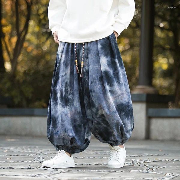 Pantaloni da uomo Retro da uomo in velluto a coste tie-dye, pantaloni larghi stile cinese, streetwear maschile, pantaloni larghi, vita elastica Hip Hop