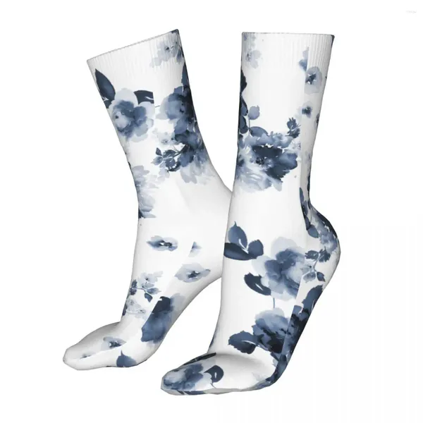 Calzini da uomo con fiori indaco acquerello, divertenti calze da donna, motivo felice estate blu, pazzesche calze autunnali invernali