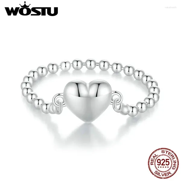 Cluster Anéis Wostu Real 925 Sterling Silver Heart Shape Link Banda Anel para Mulheres Bead Chain Punk Jóias Partido Presente CTR488