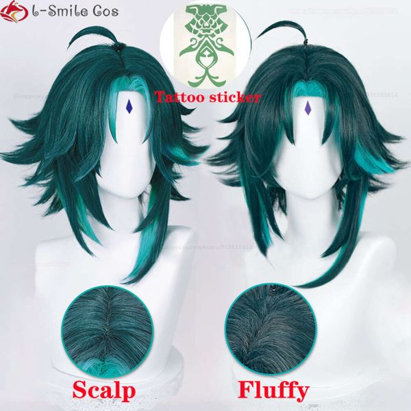 Trajes de catsuit jogo genshin impacto cosplay xiao 40cm cabelo verde curto com adesivos anel resistente ao calor perucas de festa sintéticas + touca de peruca