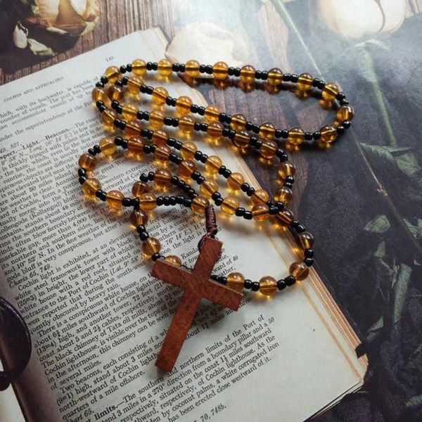 Anhänger Halsketten CottvoPrayer Braune Glasperlen Kette Religiöse Holz Kruzifix Kreuz Halskette Taufe Kommunion Konfirmation Schmuck
