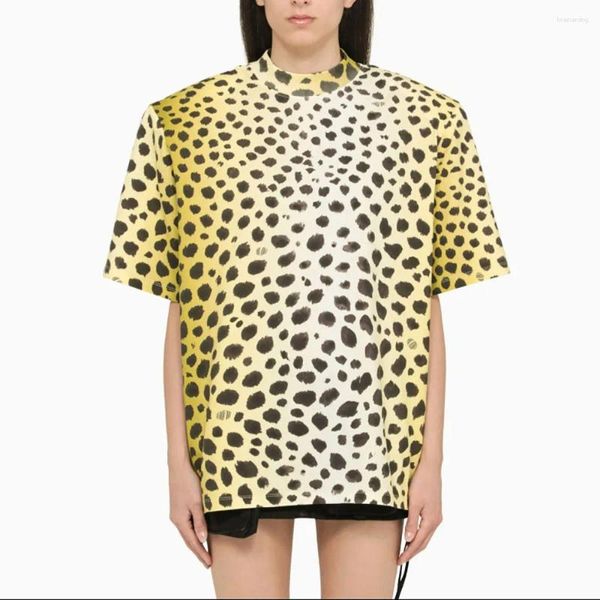 Camiseta feminina 2023 y2k leopardo impressão posicionamento corte ombro almofada de manga curta algodão moda versátil camisetas topos