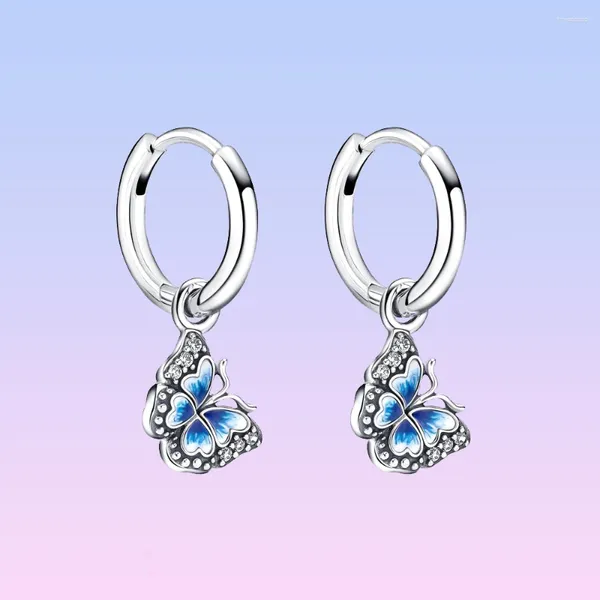 Orecchini a cerchio in argento 925 con ciondolo a forma di farfalla blu per le donne, gioielli alla moda, compleanno, regalo per la festa della mamma