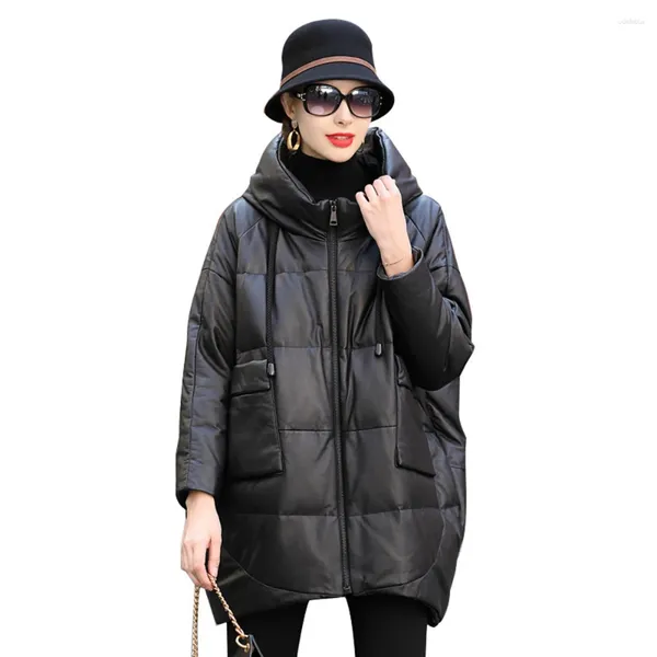 Cappotto lungo con cappuccio da donna in vera pelle di montone scamosciata con cappuccio da donna, soprabito lungo LF2350BM