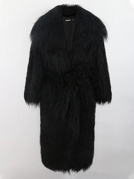 Pele feminina faux nerazzurri inverno longo branco preto peludo peludo fofo grosso quente macio elegante mongólia casaco de cordeiro feminino cinto lapela 2023 231026