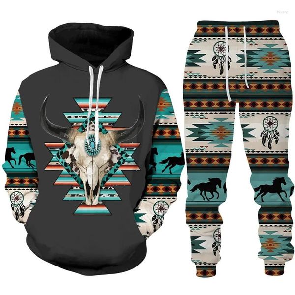 Erkeklerin Trailtsits Vintage Tribal Pantolon Setleri Trailsuit 2 Parça Set 3D Etnik Giyim Spor Giyim