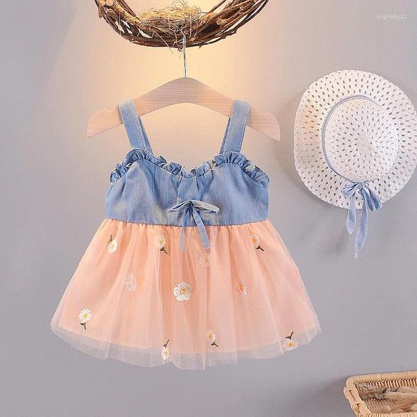 Vestidos da menina nascidos bebê meninas vestido de princesa verão doce bonito plissado com decote em v renda retalhos denim sem mangas a linha crianças 0-4y