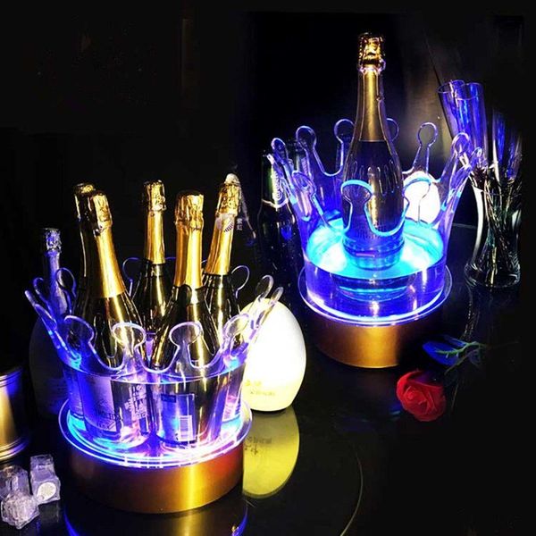 Baldes de gelo e refrigeradores Crown Design Champagne Bucket LED Beer Holder Bar Refrigerador Recipiente Acrílico Wine Rack para Nightclub Homefavor Dhljf