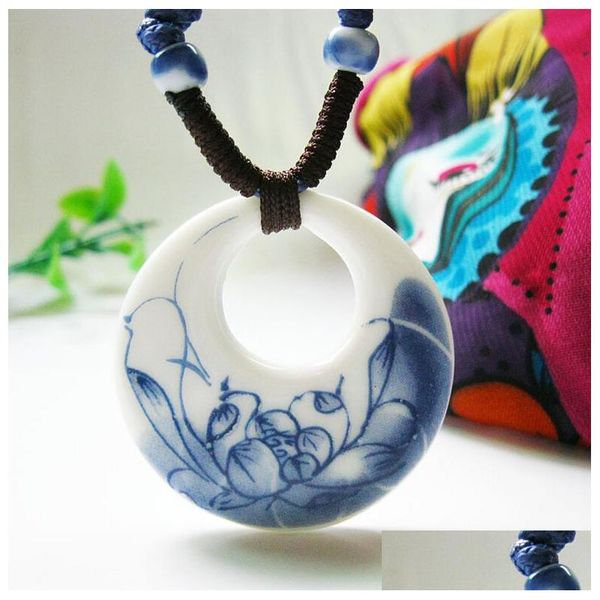 Colares Pingente DIY Cerâmica Pingentes Colar Moda Vintage China Handmade Étnico Azul e Branco Jóias Acessórios Jingdezhen Ha Dhtz5