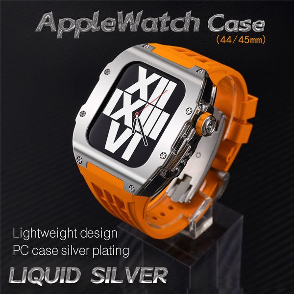 AP Mod Kit Liquid Silver Polycarbonat-Gehäuse für Apple Watch Series 8 7 6 5 4 SE Weiches Silikonband 44 mm 45 mm