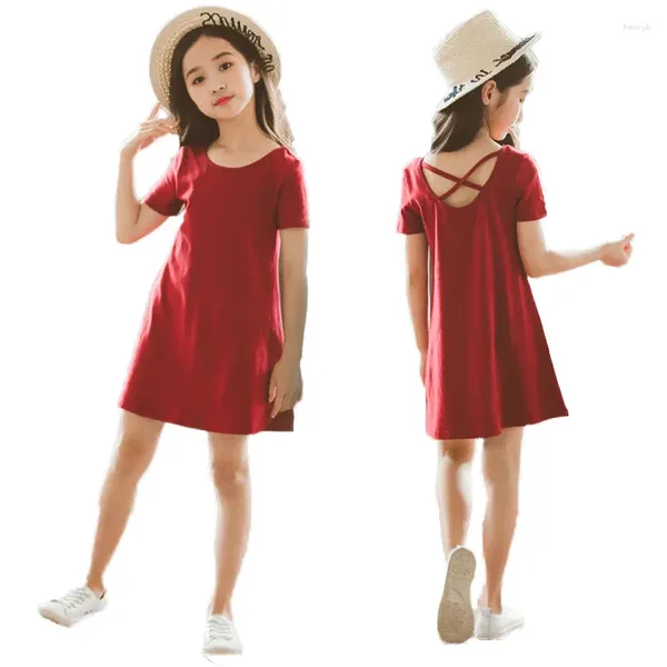 Платья для девочек, летняя детская одежда, хлопковое эластичное платье принцессы с короткими рукавами для детей среднего возраста