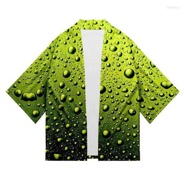 Roupas étnicas Japonês Verde Gotas de Água Traje 3D Impressão Kimono Camisa Cool Hip Hop Homens Sete Pontos Manga Tops Cardigan Jaqueta Streetwear