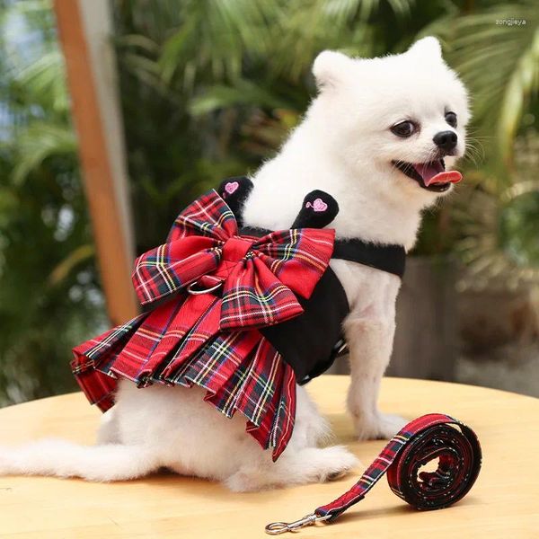 Coleiras de cachorro xadrez vestido laço laço arnês conjunto para roupas de verão gato yorkie chihuahua treinamento andando