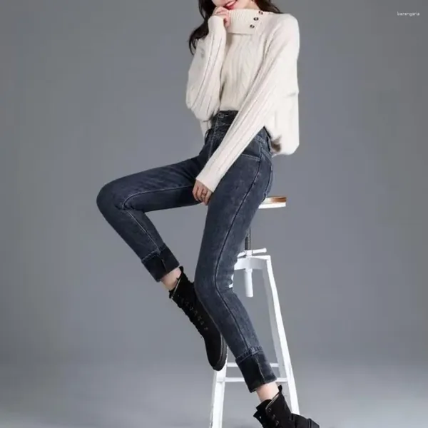 Calças femininas Mulheres Algodão Denim Jeans Cor Sólida Calças Aconchegantes Inverno Para Cintura Alta Forro De Pele Falso Slim Fit Botão Fechamento