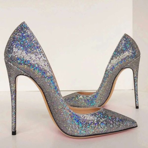 Moda verão mulheres bombas sier glitter ponto toe sapatos de casamento noiva salto alto couro genuíno foto real 12cm 10cm marca