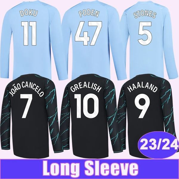 Man City manga comprida 23 24 camisa de futebol Erling Haaland Julian Alvarez Phil Foden Josko Gvardiol Matheus Nunes Rico Lewis Kalvin Phillips Casa Fora