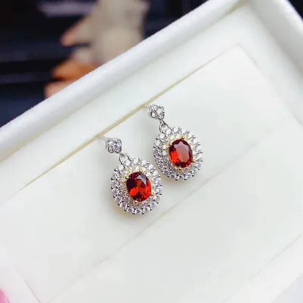 Stud Küpe Kırmızı Garnet Kadınlar Kız Gümüş Süs Oval Doğal Gem Gerçek 925 Sterling Doğum Günü Partisi Hediyesi